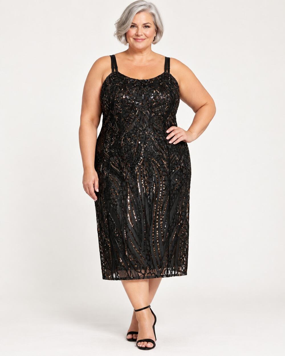 C.O.C. 3X Black Beaded Sequin Cocktail Dress Art Deco 44" NWT